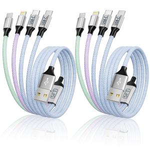 Dual Type C Ports Multi Charging Cable, 4 In 1 USB Cable Travel Charger for Multiple Devices with Two Type-C/Micro/IP Port, [2Pack/5FT] Phone Travel Vacation Essentials for All iPhone/Galaxy/Android