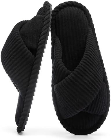 GOEWY Slippers for Women Memory Foam House Bedroom Corduroy Crossbands Open Toe Slides Sandals Shoes Comfy Trendy Gift for womens Anti-Skid sole, size 9-10
