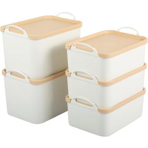 ANMINY 5PCS Plastic Storage Bins Containers with Lids, Large White Storage Organization Bins Boxes, Lidded Plastic Storage Baskets for Closet Shelves Drawers Desktop - 2 Medium 3 Small, Wheat Lids (Off White Bins with Wheat Lids)