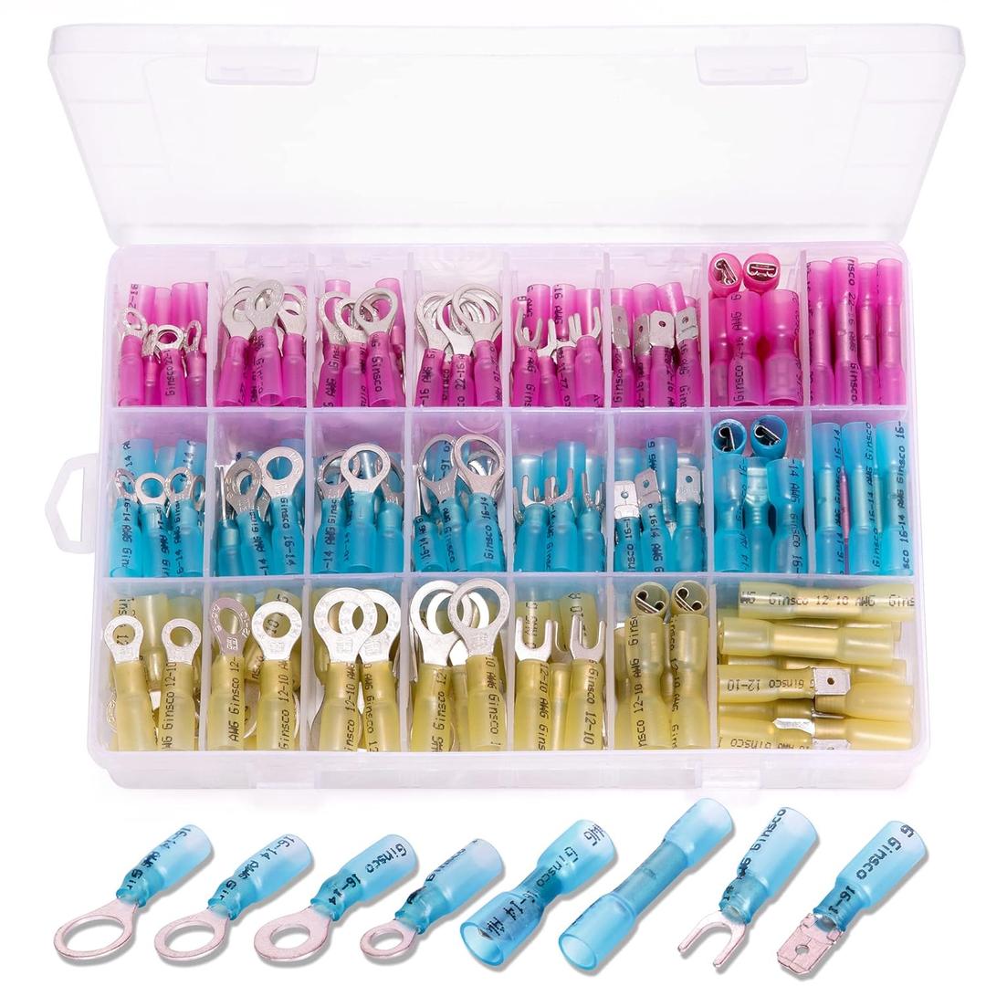 Heat Shrink Wire Connectors Kit, Ginsco Electrical Waterproof Crimp Butt Terminals, Insulated Spade Connectors for Marine Automotive Trailer RV Boat Truck Wiring 250PCS