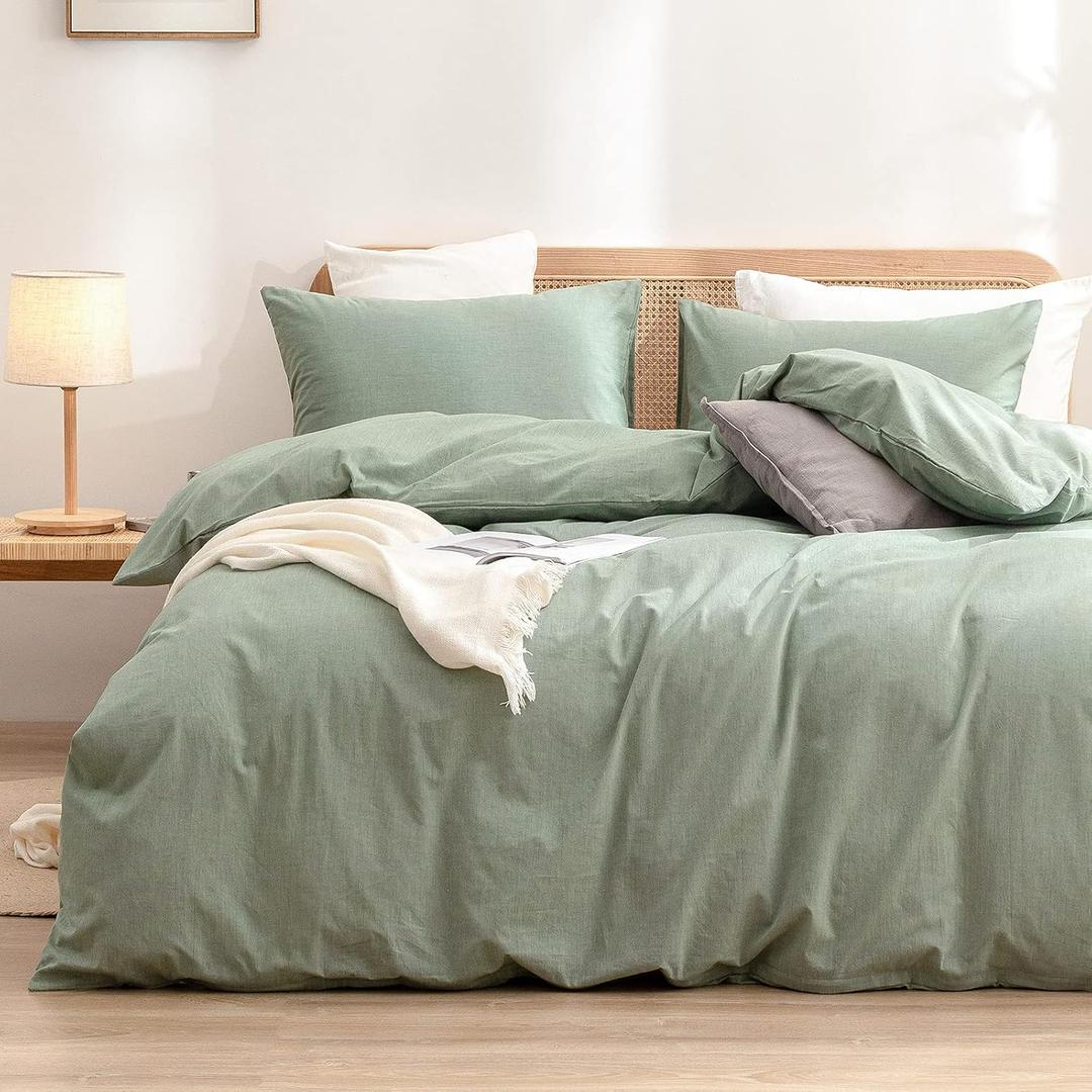 BESTOUCH Duvet Cover Set 100% Washed Cotton Linen Feel Super Soft Comfortable Chic Lightweight 3 PCs Home Bedding Set Solid Green Oversized King (Oversized King (120" x 98"), Green (No Comforter))