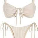 ZAFUL Women's Cinched Bikini Solid Color Wave Textured Knotted Tied Side Two Piece Swimsuit Bathing Suits (1-light Coffee,Small)