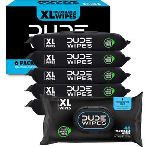 DUDE Wipes - Flushable Wipes - 6 Pack, 288 Count - Unscented - Extra-Large - Vitamin-E & Aloe - Septic and Sewer Safe