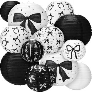 12 Pcs Black Bow Paper Lanterns Black Bow Birthday Party Decorations Birthday Decor for Girls Women Classroom Back to School Weddings Bachelorette Bridal Shower Party Supplies