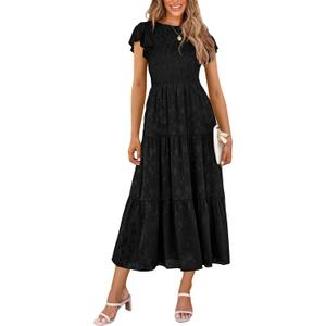 PRETTYGARDEN Midi Dresses for Women 2026 Summer Floral Cap Sleeve Smocked A Line Long Elegant Spring Wedding Guest Dress (Black, XXL)
