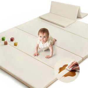 SEPARO Foldable Baby Play Mat,Vegan Leather 71x59 Baby Mat for Floor,Beige
