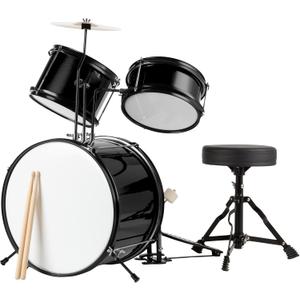 Kids Drum Set - 3-Piece Drum Kit with Cymbal, 2 Toms, Bass Drum and Pedal, Drumsticks, and Throne - Beginner Musical Instruments by Hey Play (Black)