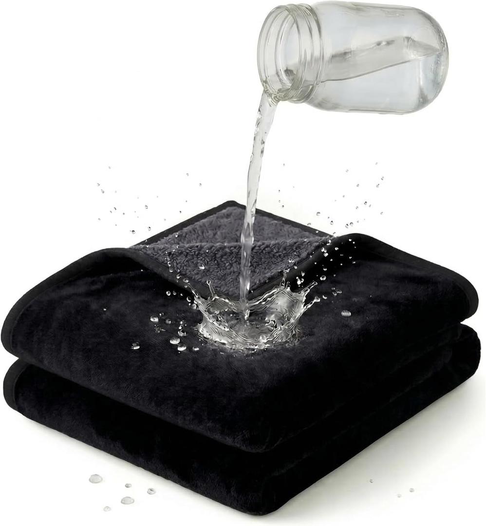 Waterproof Blanket (60"x80") for Bed, Couch, Sofa - Plush Throw Blanket to Protect Furniture, Stain Resistant, Leak-Proof, Double-Sided Flannel & Sherpa Fleece, Reversible Black & Grey