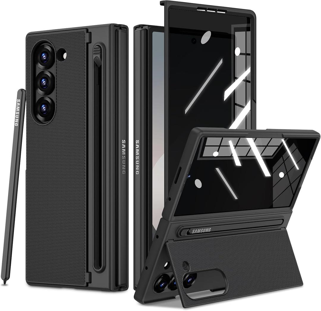 Ruky for Samsung Galaxy Z-Fold-6-Case with S Pen Holder [No Pen], [Not for Z Fold 5] with Hidden Foldable Kickstand and Built-in Privacy Screen Protector, Slim Shockproof Protective Phone Cover, Black