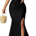 Womens Off Shoulder Sexy V-Neck High Split Long Maxi Dress, Formal Cocktail Party Evening Gown (L)