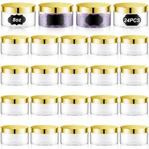 Dandat 24 Pcs 8 oz Plastic Jar Container with Lid and Label Refillable Empty Round Clear with Gold PET Cosmetic Sample Slime Containers for Lotion, Cream, Ointments, Body Butter, Makeup Travel Storage