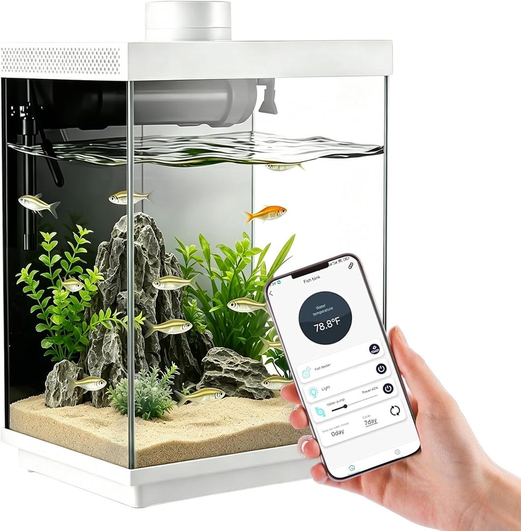 3 Gallon Smart Aquarium Kit, APP Control, Auto Feeder, LED Light, Self-Cleaning Filter, Glass Desktop Tank for Betta/Tetra/Goldfish, Dual-Tank Feeding Supported, Divider Not Included