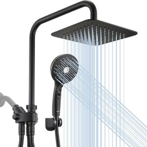 Dual Shower Head Combo, Black 8'' High Pressure Rain/Rainfall Shower Head, 6 Settings Adjustable Handheld Showers, with 15" Height Adjustable Slide Bar, Holder/59" Hose