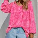 2 x Zenlonr Women's Summer Tops Dressy Casual 2025 V Neck Satin Silk Printed Shirts Boho Long Sleeve Work Blouses(Print Pink,Large) (Pink, L)