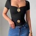 SOLY HUX Women's T Shirt Metal Flower Sweetheart Neck Short Sleeve Ruched Tee Slim Fit Going Out Summer Tops (Black, L)