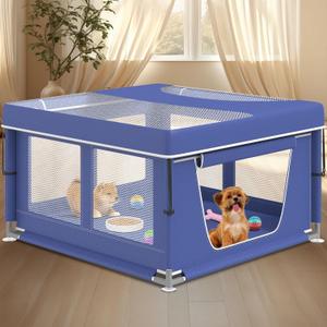 Dog Playpen 42  42 Inch, Puppy PlayPen with Gate for Puppies, Cat, Small and Medium Dogs, Pet PlayPen with Roof for Outdoors & Indoors, Thickened Fabric, Safe & Sturdy Dog Fence (Blue)