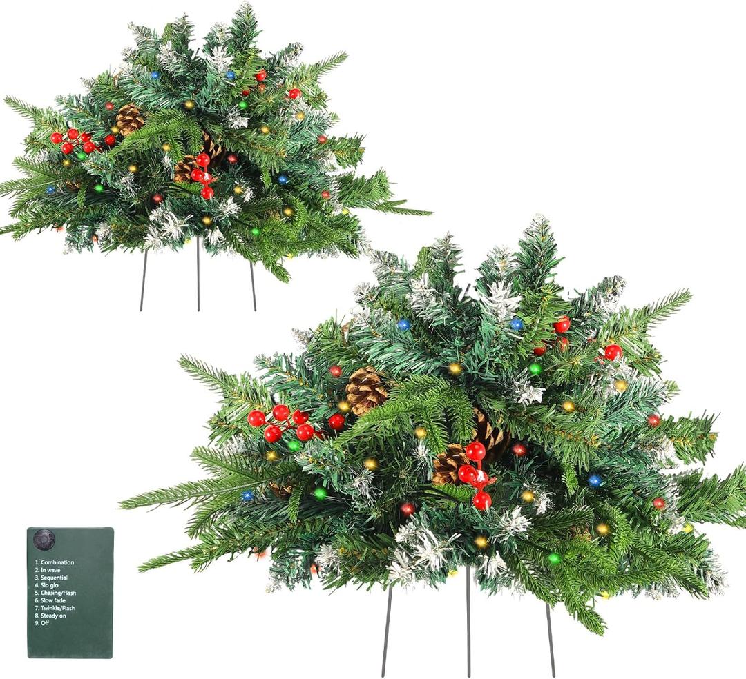 2 Pack Christmas Tree Urn Filler, Lighted Artificial Xmas Pine Trees with Tripod Stake, Light Up 8 Modes & Timer, Battery Powered Outdoor Planter Filler Festival Holiday Home Decor
