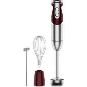 3- in-1 Immersion Hand blender, Powerful MOTOR & Stainless Steel Stick Blender, 4 Sharp Blades with Whisk, Milk Frother Attachments (Red)