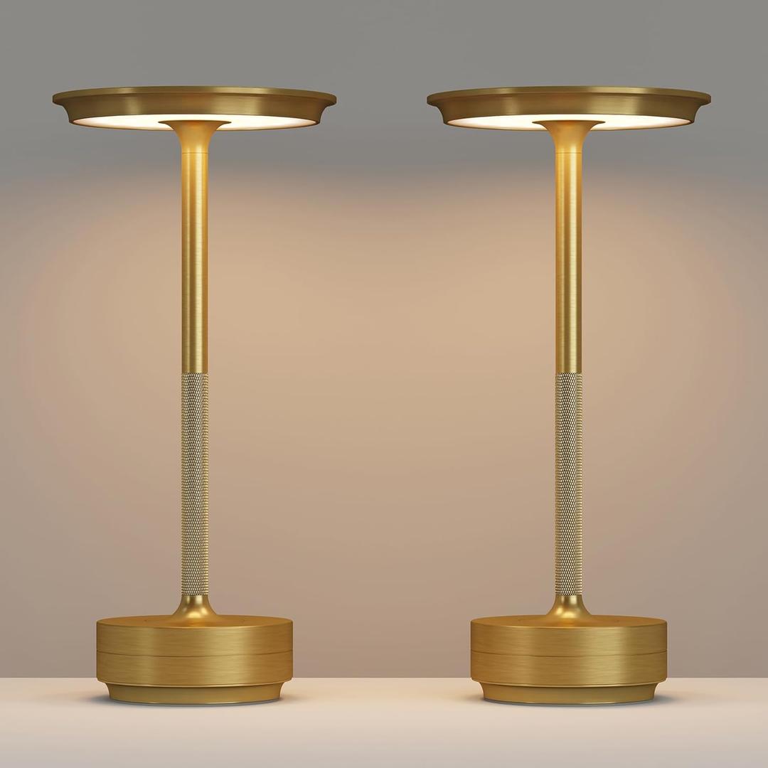 FDIDC 2 Pack Cordless Table Lamps Rechargeable, LED Portable 5000mAh Touch Table Light, 3 Color Stepless Dimming Battery Powered Table Lamp for Restaurant/Home/Outdoor/Camping.(Gold)