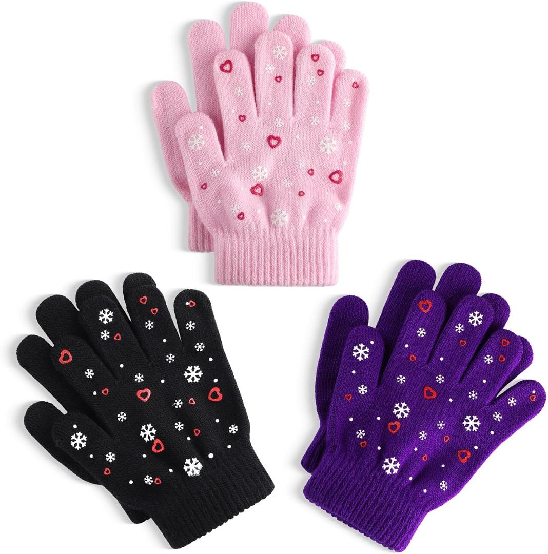 Glooarm 3 Pairs Kids Gloves Winter Gripper Knit Magic Gloves Stretch Warm Cold Weather Gloves for Boys Girls 4-12 Years (Snowflake)