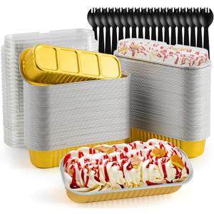 120Pcs Mini Loaf Pans with Lids and Spoons, Aluminum Foil Baking Pans, Rectangle Mini Cake Pan, Brownie Baking Cups for Picnics Party (Gold)