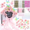 Knitgrip Graduation Cap with Decoration Kit 2026, DIY Grad Cap Topper Kit with Hat, Faux Floral, Glitter Cards, 3D Butterfly, Ribbon Bow, Rhinestone Alphabet Stickers, Paint Marker, Glue Gun(Pink)