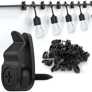 Outdoor String Lights Clips, Weatherproof Cable Hanger Hooks for Hanging Fairy Lights, Holiday Decor - Black, 50 Pack
