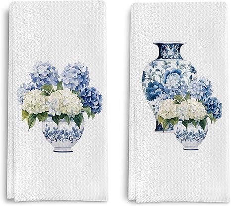 Blue and White Porcelain Chinoiserie Kitchen Towels Set of 2, Hydrangea Floral Dish Towels Tea Towels for Kitchen, Chinoiserie Decor Hand Towels for Bathroom, Grand Millennial Decor 16x24 Inch Blue and White Porcelain Chinoiserie Kitchen Towels Set of 2, Hydrangea Floral Dish Towels Tea Towels for Kitchen, Chinoiserie Decor Hand Towels for Bathroom, Grand Millennial Decor 16x24 Inch