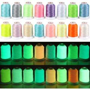 New brothread 16 Colors Luminary Glow in The Dark Embroidery Machine Thread Kit 30WT 500M(550Y) Each Spool for Embroidery, Quilting, Sewing