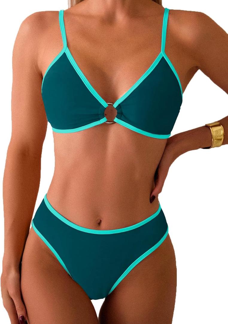 Fanuerg Women's Triangle Bikini Sets Circle Ring Linked Two Piece Swimsuit Color Block Cheeky Bathing Suits (Blue Green, XS)