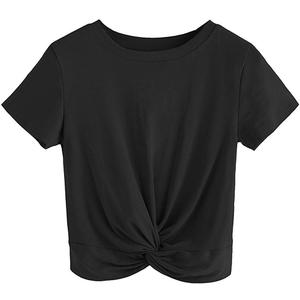 MakeMeChic Women's Summer Crop Top Solid Short Sleeve Twist Front Tee T-Shirt (Medium, Black)