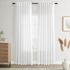 Joywell Natural White Back Tab Rod Pocket Linen Curtains 90 Inches Long 2 Panels for Living Room Bedroom Neutral Boho Farmhouse Rustic Light Filtering Semi Sheer Curtains Window Treatment 52x90