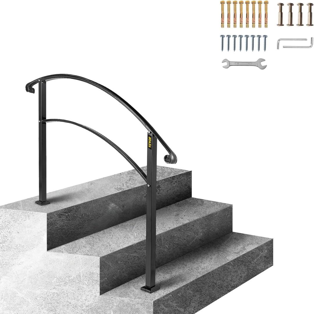 VEVOR Outdoor Handrails for Outdoor Steps, Fit 2-3 Steps Outdoor Stair Railing, Black Wrought Iron Handrail, Flexible Front Porch Hand Rail, Transitional Handrails for Concrete Steps or Wooden Stairs