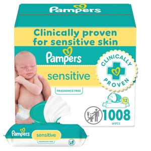 Pampers Baby Wipes, Sensitive, Water Based Wipe, Clinically Proven, Hypoallergenic, and Unscented for Babies, 1008 Wipes Total (12 Flip-Top Packs) (1008 Count (Pack of 1))
