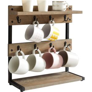 IBUYKE Rustic Coffee Mug Holder Stand, 2 Tier Countertop Mug Tree Holder Rack with Storage Base, Vintage Mug Holders for Kitchen, Holds 8 Mugs, Beige UTBJ002Y (Greige)