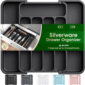 AUJEN Silverware Organizer - Expandable Kitchen Drawer Organizer, Adjustable Utensil Organizer, Cutlery Drawer Organizer for Forks, Knives, Multipurpose Kitchen Organizers and Storage Solution, Black (Medium)