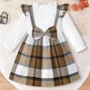 Toddler Girl Dress Plaid Ruffle Long Sleeve Bowknot Little Girl Dresses Fall Winter Outfits 3-7 Years (Brown)