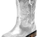DREAM PAIRS Toddler Cowboy Boots Cowgirl Boots for Girls Square Toe Mid Calf Boys Western Fashion Riding Shoes for Toddler/ Little Kid/ Big Kid, Size 5 Big Kid, Silver