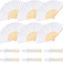 6 Pieces White Hand Held Bamboo Folding Fans Foldable Paper Fans Handheld for Women Girls Wedding DIY Decoration Church Home Party Favors Summer
