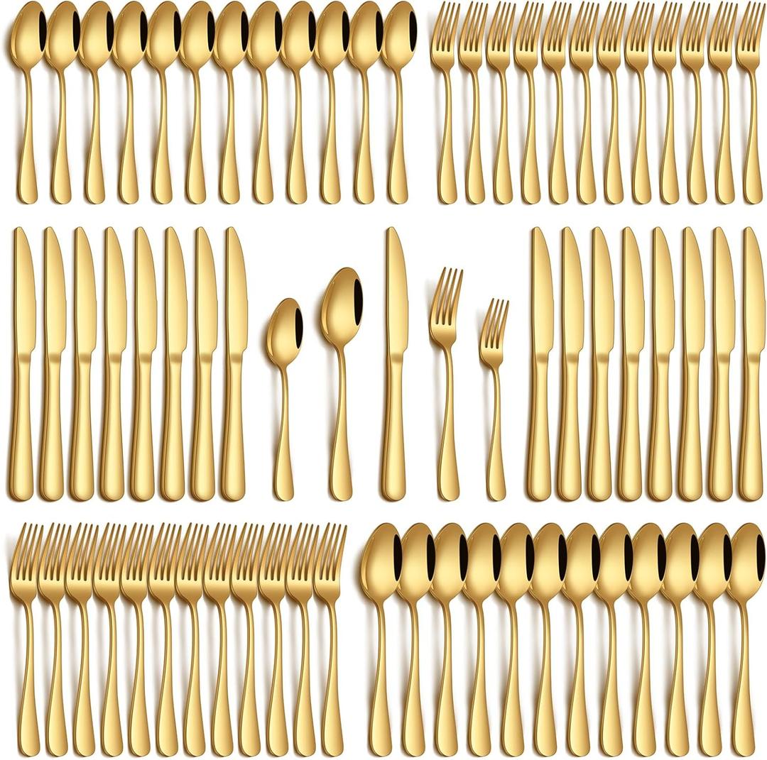 60 Piece Gold Silverware Set, Stainless Steel Flatware Set for 12 Food Grade Cutlery Utensil Set Include Knife Fork Spoon Mirror Polished Dishwasher Safe