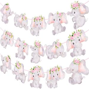 Elephant Party Banner 3Pcs Pink Baby Shower Decoration for Girl Floral Birthday Party Decoration Animals Themed Party Supplies