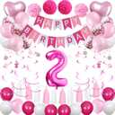 2nd Birthday Decorations for Baby Girl, Pink White 2 Happy Birthday Balloons, Birthday Party Supplies Including Pink Happy Birthday Banner, Number 2 Foil Balloons