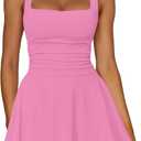 Kaximil Women's Square Neck Ruffle Hem Mini Dress Ruched Waist Short Party Dresses (Pink, L)