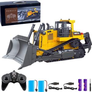 Remote Control Bulldozer RC 1/16 Full Functional Construction Vehicle, 9 Channel Dozer Front Loader Toy with Light and Sound for Kids Age 3,4,5,6 6, 7, 8, 9, 10 and Up Years Old