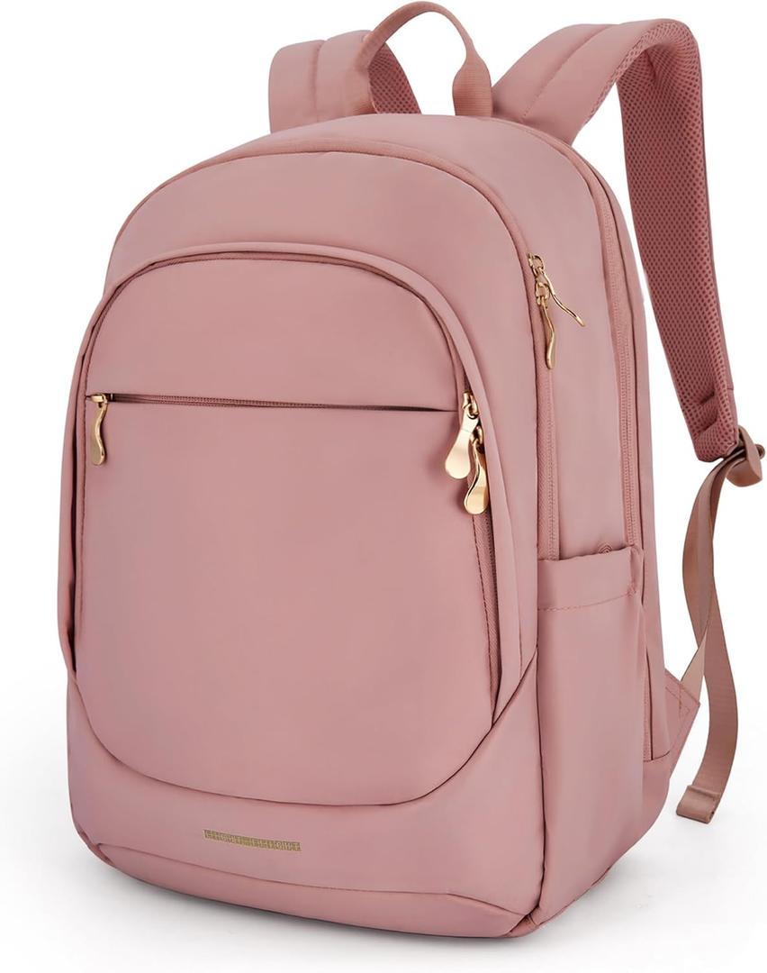 Light Flight Travel Backpack for Women, 15.6 Inch Laptop Backpack with USB Charging Hole, Water Resistant College Bookbag, Large Capacity Black Computer Backpacks for Work, Dull Pink