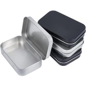 4 Pack 2 Colors Tin Box Empty Hinged Tins Mini Portable Metal Rectangular Black Silver DIY Storage Travel Outdoor Case Metal Boxes with Hinged lids for Home Keys Organizer Jewelry Crafts