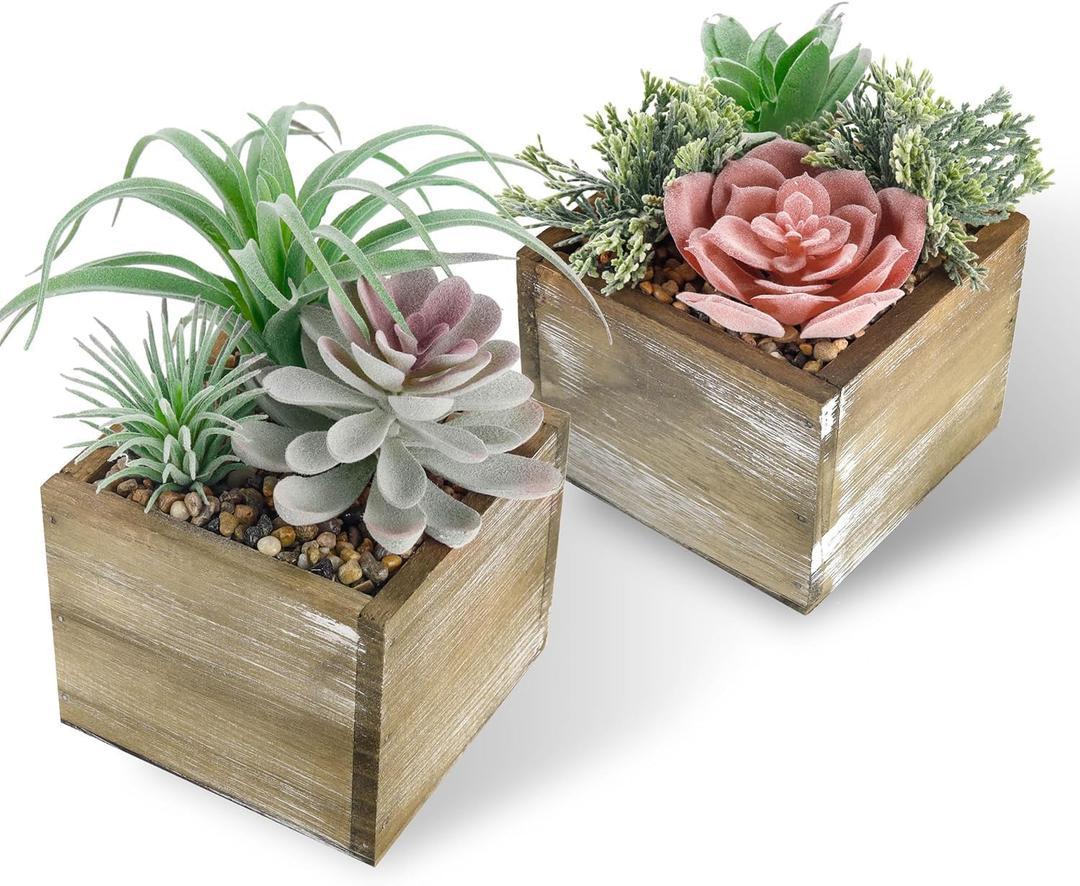 Der Rose 2 Pack Fake Plants Succulents Plants Artificial Plants in Wood Pots with Pink Flowers for Farmhouse Bathroom Decor