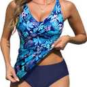 Yonique Tankini Swimsuits for Women Tummy Control Bathing Suits Two Piece Tankini Tops with Bikini Bottoms Plus Size Swimwear Blue Leaves XL