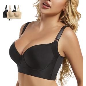 Push Up Bra for Women - Uplift Sculpting T-Shirt Bra with Full Back Coverage and Back Fat Smoothing (Black, L)