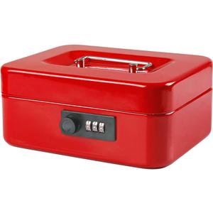 Jssmst Medium Cash Box with Combination Lock - Durable Metal Cash Box with Money Tray Red, 7.87 x 6.3 x 3.35 inches, CB0703M